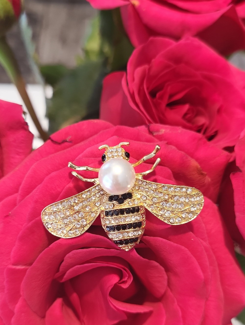 Brooches, Gold Bee and Floral Brooch Set with Green, Black and Pearl Accents - Picture 10 of 12